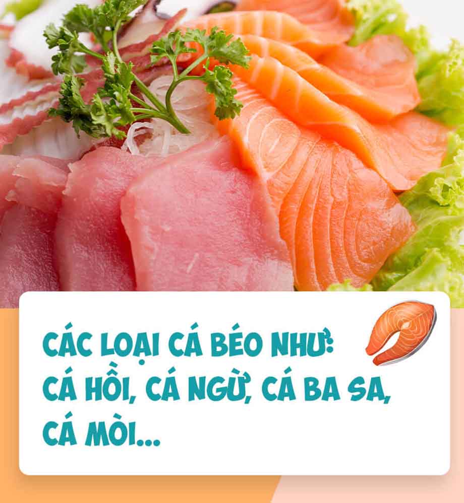 Cá hồi, cá ngừ, cá ba sa, cá mòi,… chứa các axit béo không no thuộc nhóm Omega-3