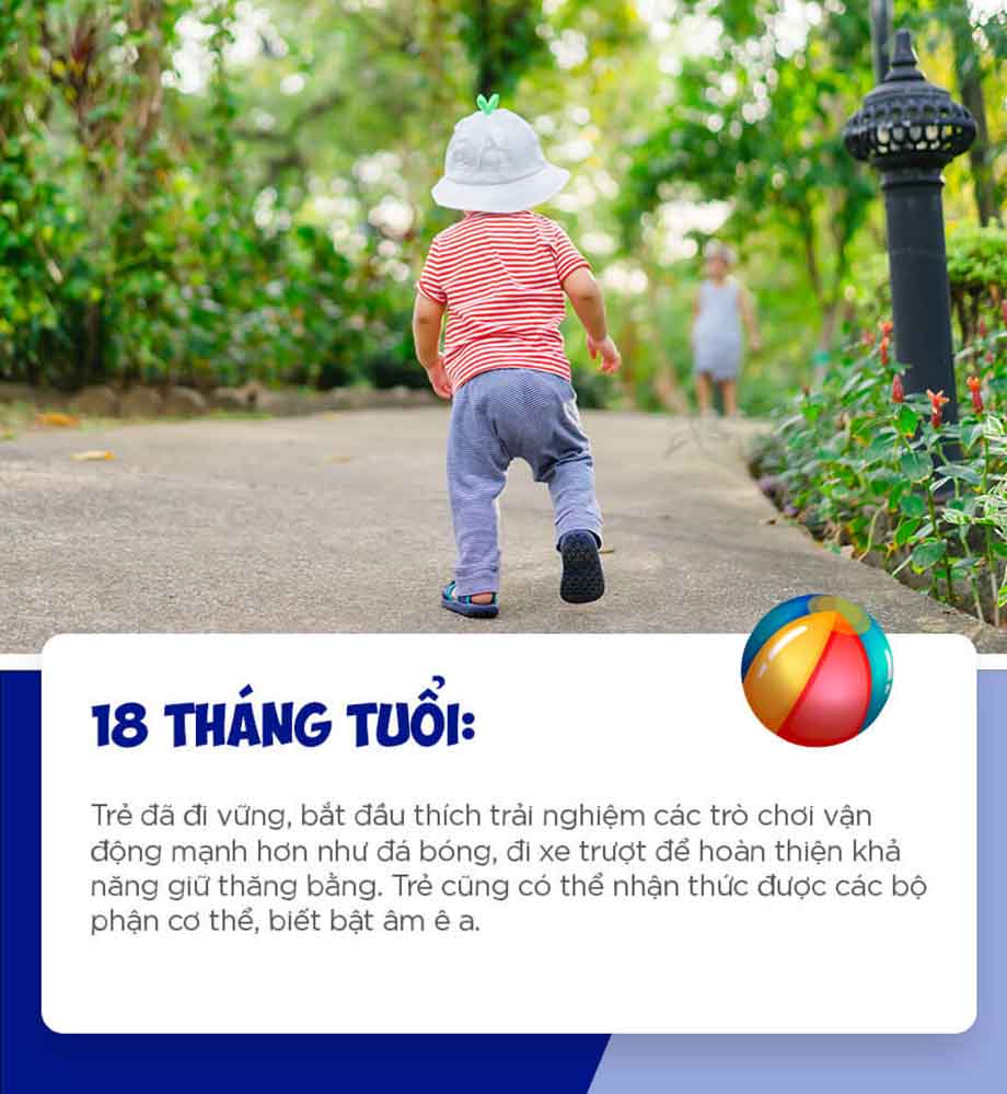 18 tháng tuổi: Trẻ đã đi vững, bắt đầu thích trải nghiệm các trò chơi vận động mạnh, hoàn thiện khả năng thăng bằng.