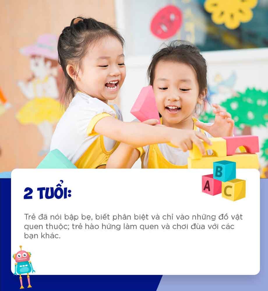 2 tuổi: Trẻ đã nói bập bẹ, biết phân biệt những đồ vật quen thuộc, hào hứng làm quen và chơi đùa với bạn khác