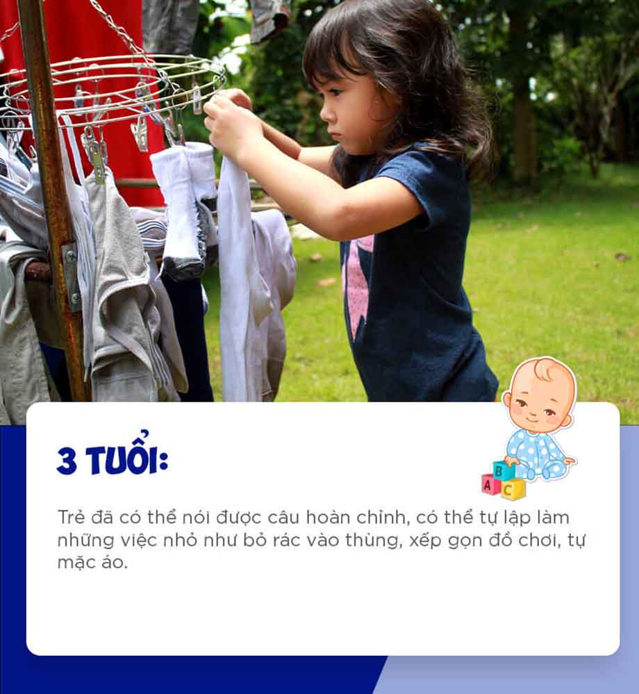 3 tuổi: Trẻ đã có thể nói được câu hoàn chỉnh, tự tập làm các việc nhỏ