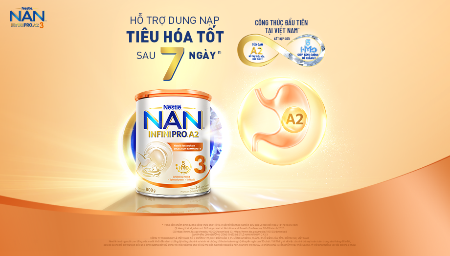 NAN Infinipro A2 (Bước 3) với công thức đầu tiên tại Việt Nam* kết hợp giữa sữa đạm A2 và phức hợp quý 5HM-O giúp trẻ tăng cường hệ miễn dịch, hỗ trợ tiêu hóa và hấp thu.