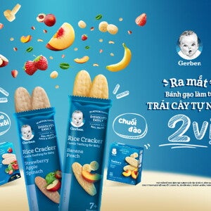 Bánh gạo Gerber từ trái cây thật giúp con yêu học nhai thích mê Bánh gạo Gerber từ trái cây thật giúp con yêu học nhai thích mê